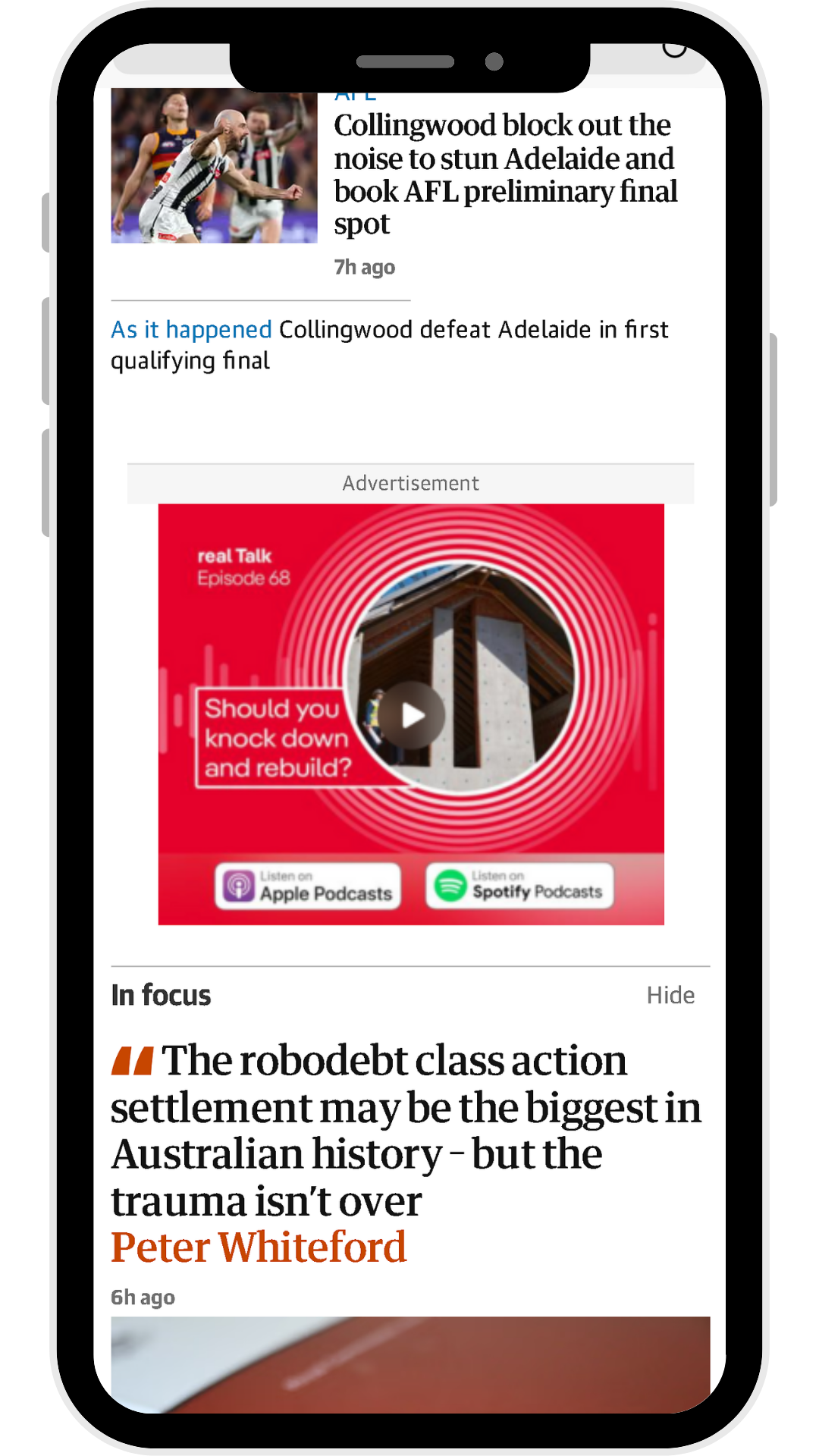 Podcast ad in a live news feed